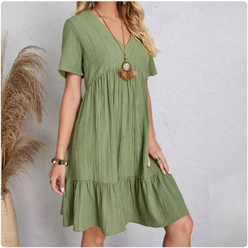 Robe d'Été Élégante à Peplum & Col en V | Loose Fit Ruffle Dress