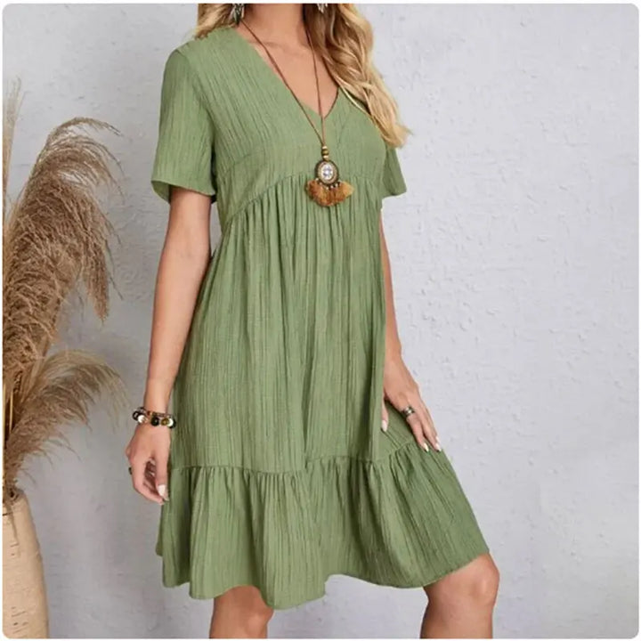 Robe d'Été Élégante à Peplum & Col en V | Loose Fit Ruffle Dress