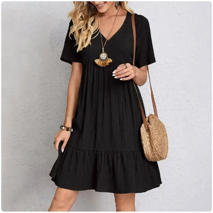 Robe d'Été Élégante à Peplum & Col en V | Loose Fit Ruffle Dress