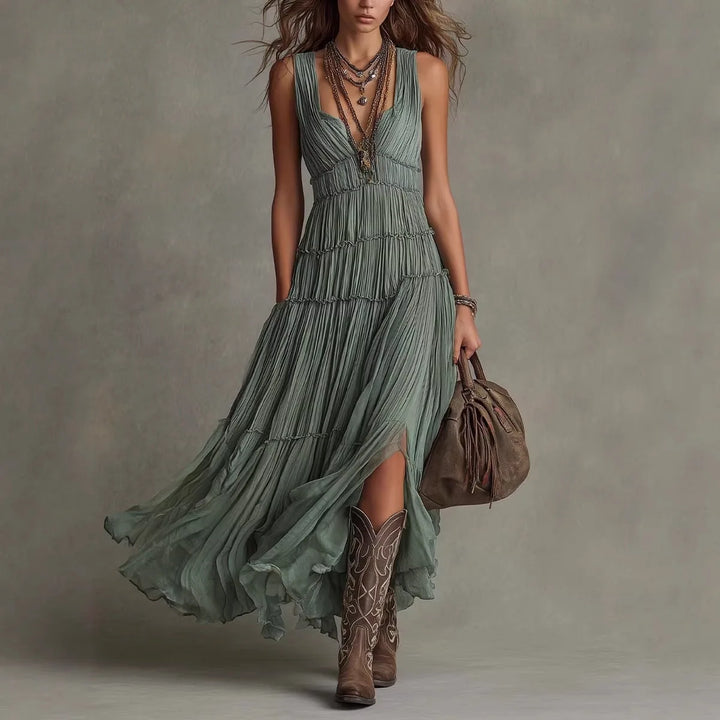 Robe Longue Bohème Verte Femme – Sans Manches, Col V, Jupe à Volants et Coupe Fluide