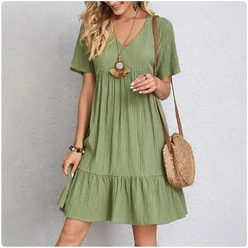 Robe d'Été Élégante à Peplum & Col en V | Loose Fit Ruffle Dress