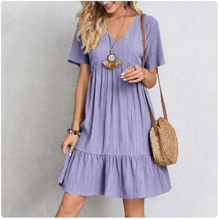 Robe d'Été Élégante à Peplum & Col en V | Loose Fit Ruffle Dress