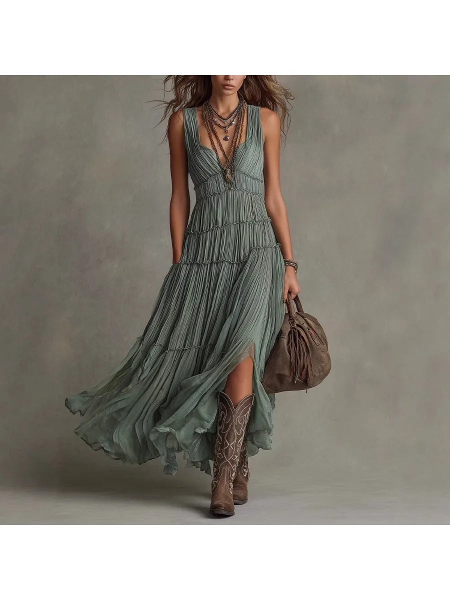 Robe Longue Bohème Verte Femme – Sans Manches, Col V, Jupe à Volants et Coupe Fluide