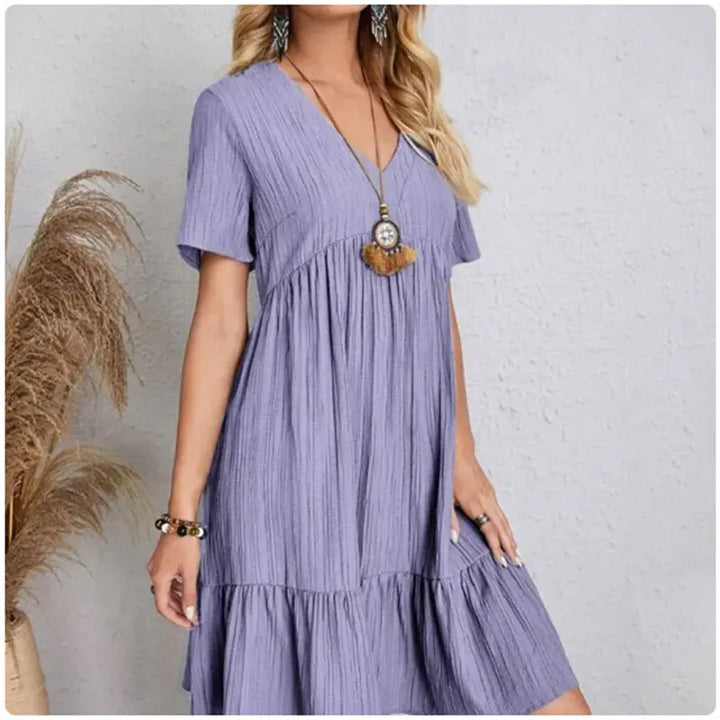 Robe d'Été Élégante à Peplum & Col en V | Loose Fit Ruffle Dress